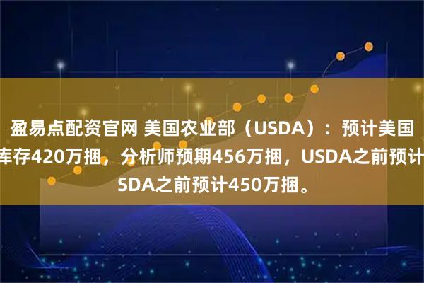 盈易点配资官网 美国农业部（USDA）：预计美国棉花期末库存420万捆，分析师预期456万捆，USDA之前预计450万捆。